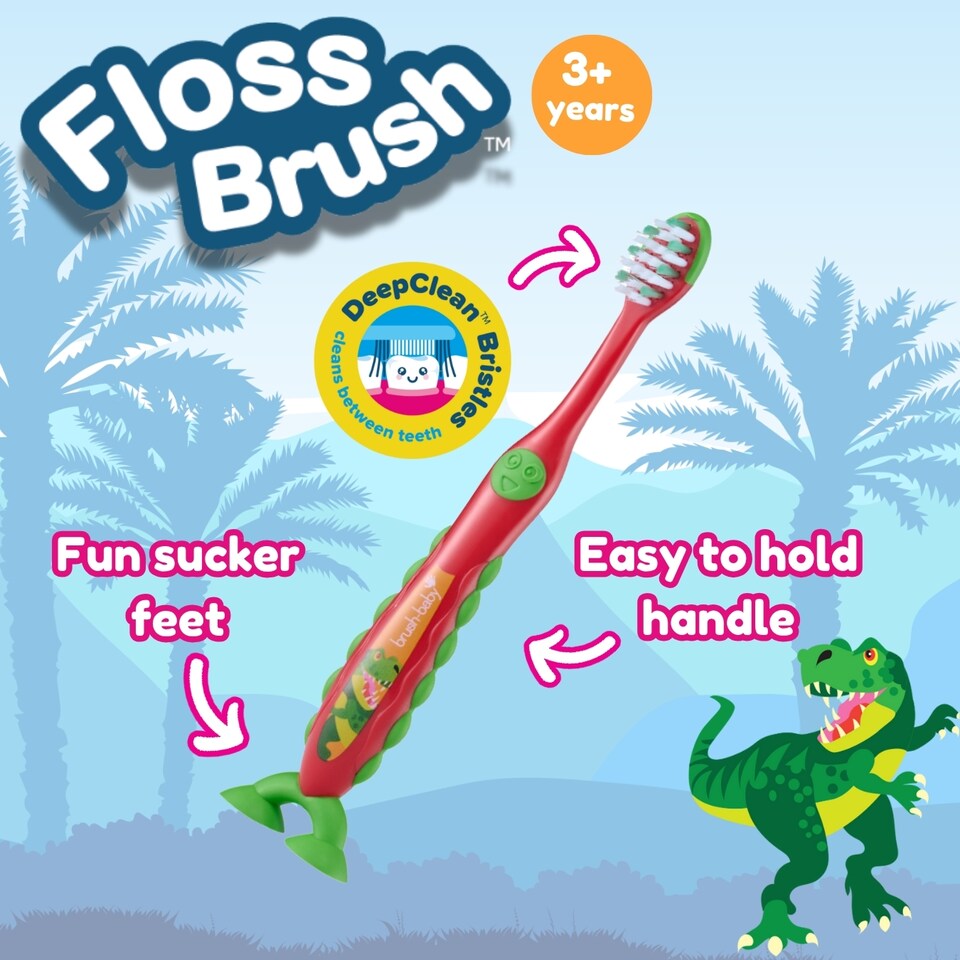 image 1 of Brush Baby Dinosaur FlossBrush™ Bristles Toothbrushes Double Pack (3-6 Years)