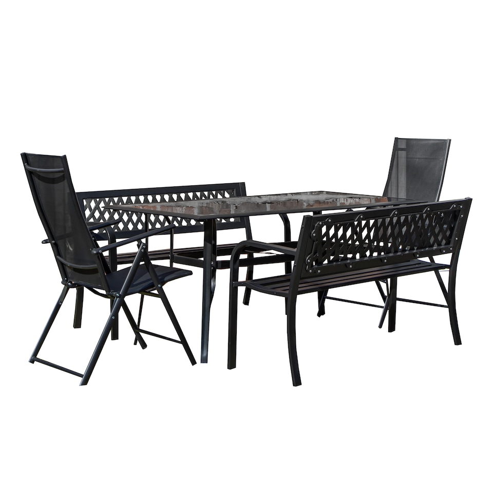 image 1 of Outdoor 6 Person Rectangular Glass Top Garden Dining Table Benches & Chairs Set