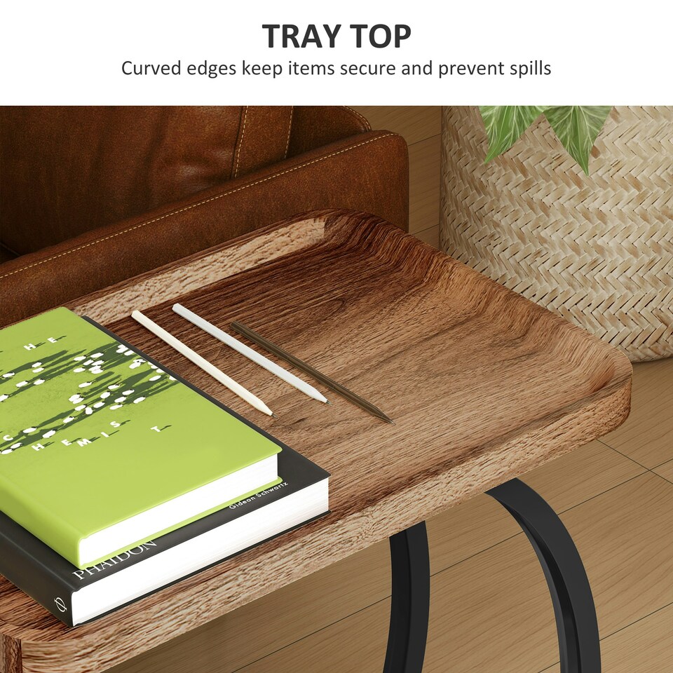 image 1 of HOMCOM C Shaped Side Table with Storage & Wheels for Living Room, Brown Brown