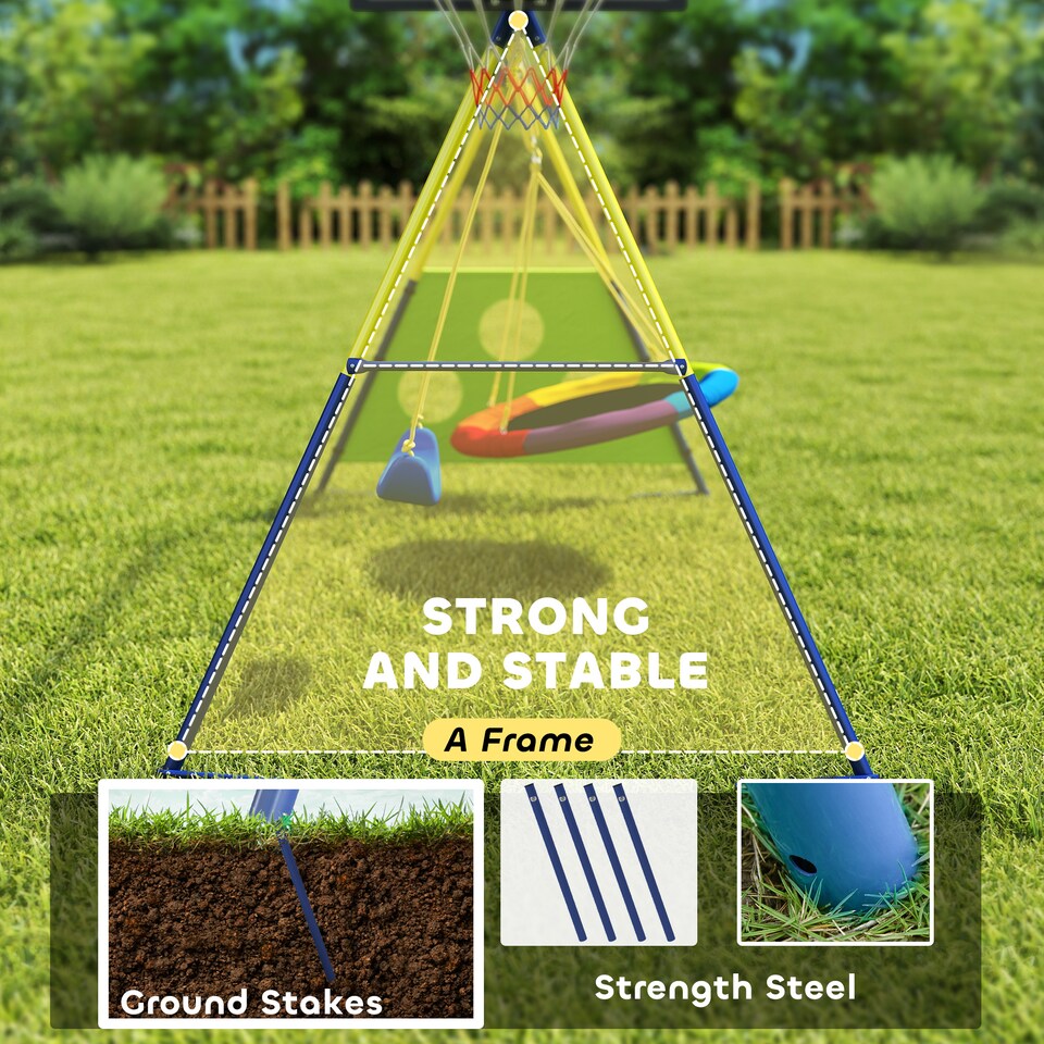 image 1 of AIYAPLAY 4-in-1 Kids Swing Set with Swing, Basketball Hoop, Football Goal