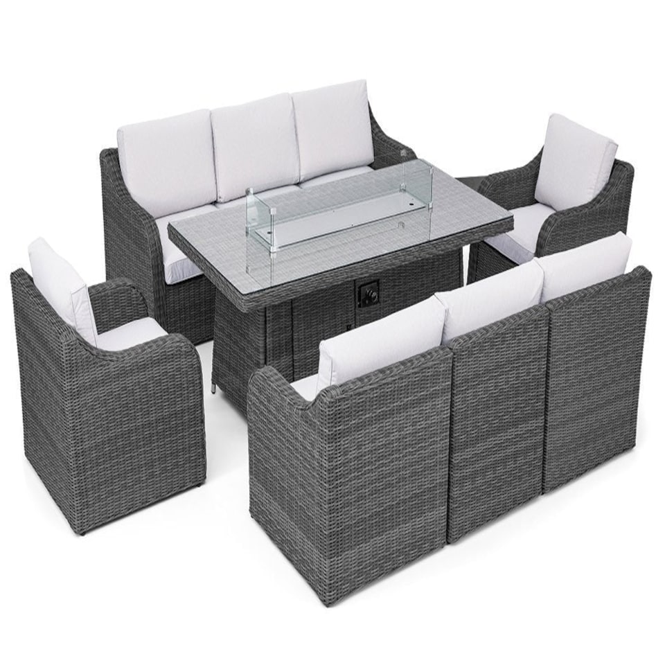 image 1 of Luxury Rattan 8 Seater Sofa Set with Integrated Fire Pit Table in Stone