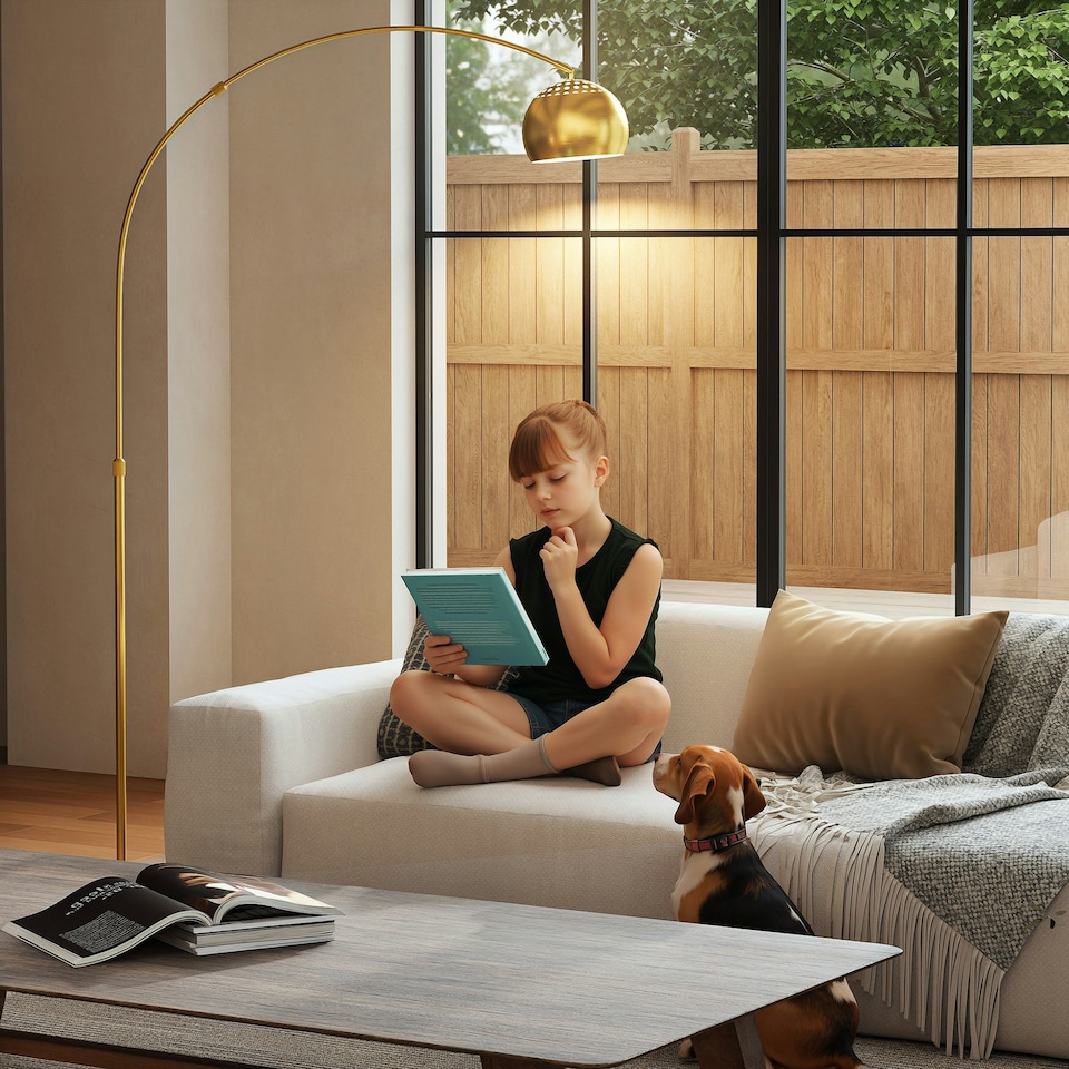 image 1 of HOMCOM Arc Floor Lamp for Living Room, Free Standing Tall Lamp, Gold Tone Gold