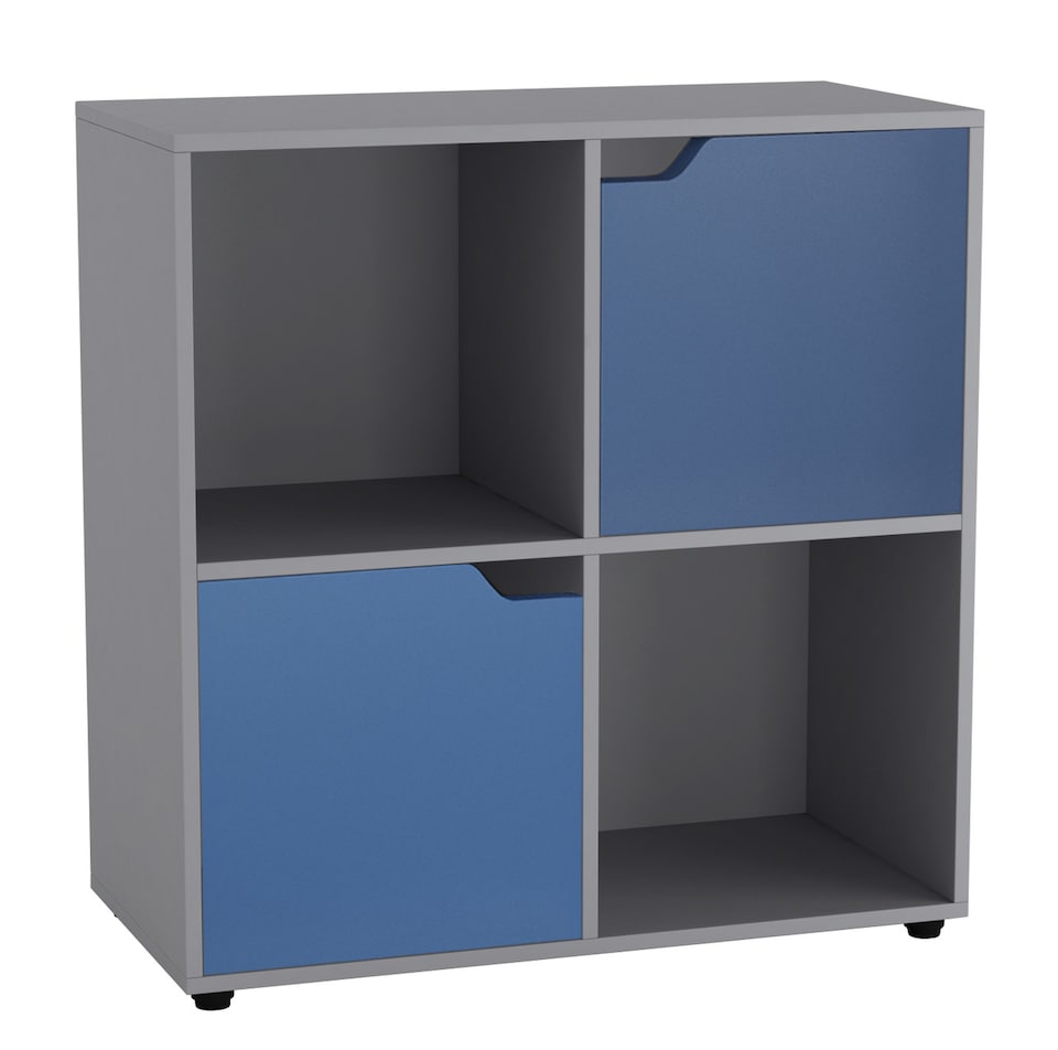 image 1 of 4-Cube Shelving Unit With Wooden Doors - Square | Grey | Grey & Blue | 1