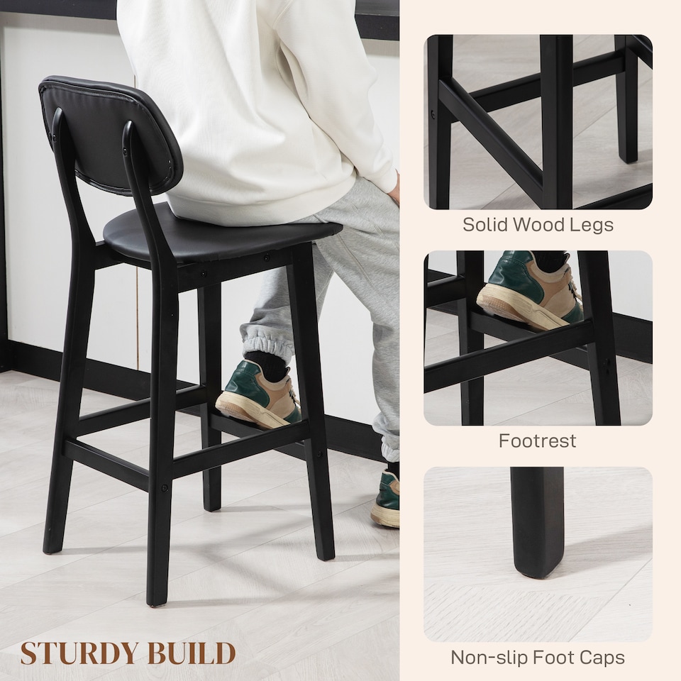 image 1 of HOMCOM Breakfast Bar stools Set of 2 with PU Leather Cover, Wood Legs, Black