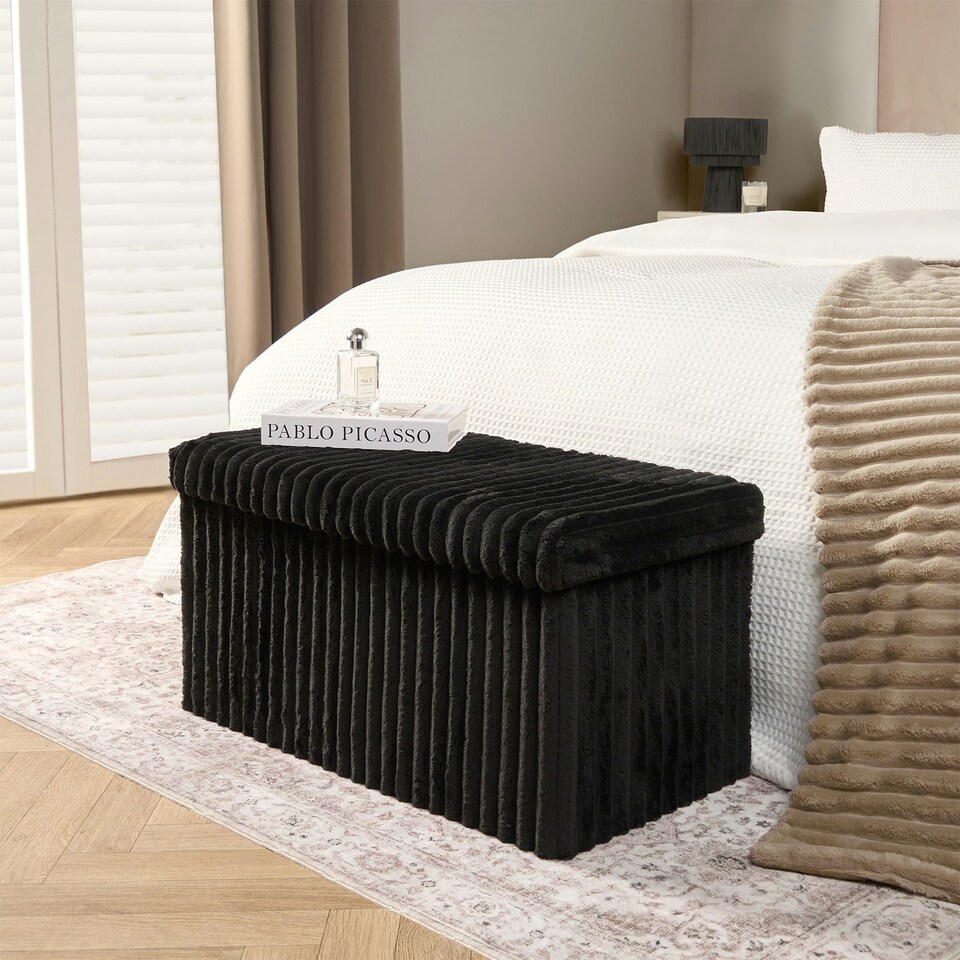 image 1 of OHS Soft Fleece Ribbed Long Rectangle Foldable Footstool Seat Storage Organiser Ottoman Black