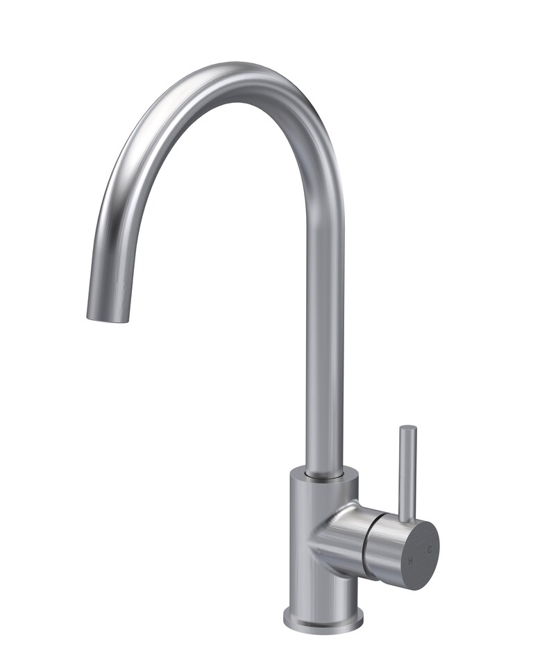 image 1 of Balterley Lacerta Minimalist Kitchen Mono Mixer Tap with Single Lever Handle, High Curved Swivel Spout | Silver | Brushed Nickel | 1