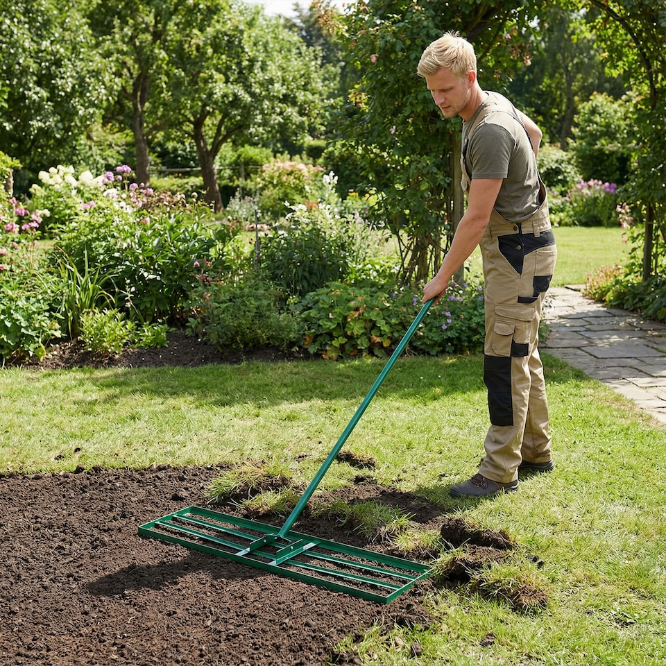 image 1 of COSTWAY 91 x 25 cm Lawn Leveling Rake Heavy-Duty Metal Levelawn Tool Green