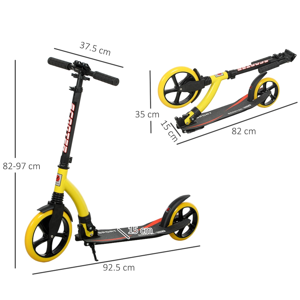 image 1 of HOMCOM Foldable Kick Scooter with Double Shock Absorption and Big Wheels, Height Adjustable Aluminium Frame Big Wheel Scooter for 14 older Teens Adult - Yellow | Yellow | Yellow | 92.5L x 37.5W x 82-97H cm