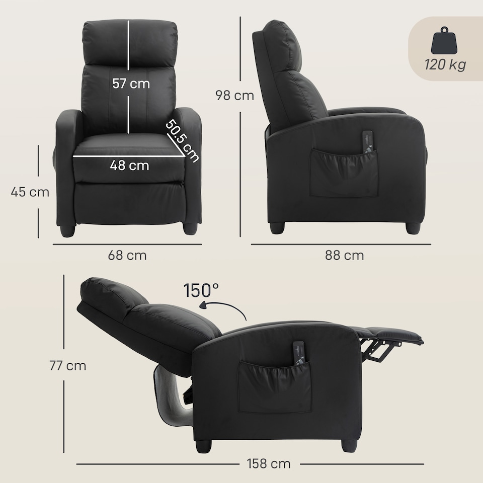 image 1 of HOMCOM Recliner Sofa Chair PU Leather Massage Armcair w/ Remote Control, Black