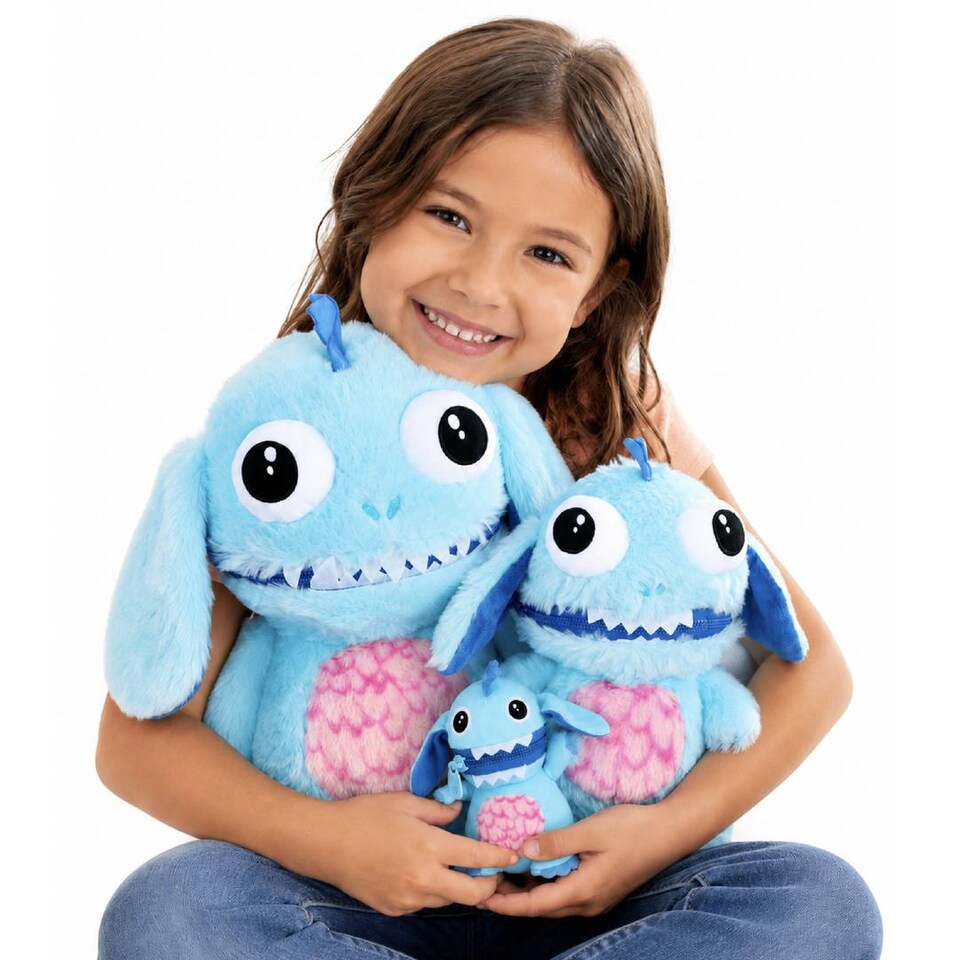 image 1 of Kids Worry Yummy Monster Cuddly Plush Toy Gift Set of 3 - Jumbo, Large and Clip-On Sizes Included