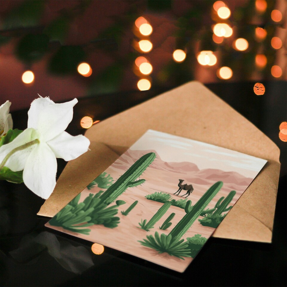 image 1 of Camel in Pastel Pink Desert Sand Dunes and Cacti Birthday Greeting Card
