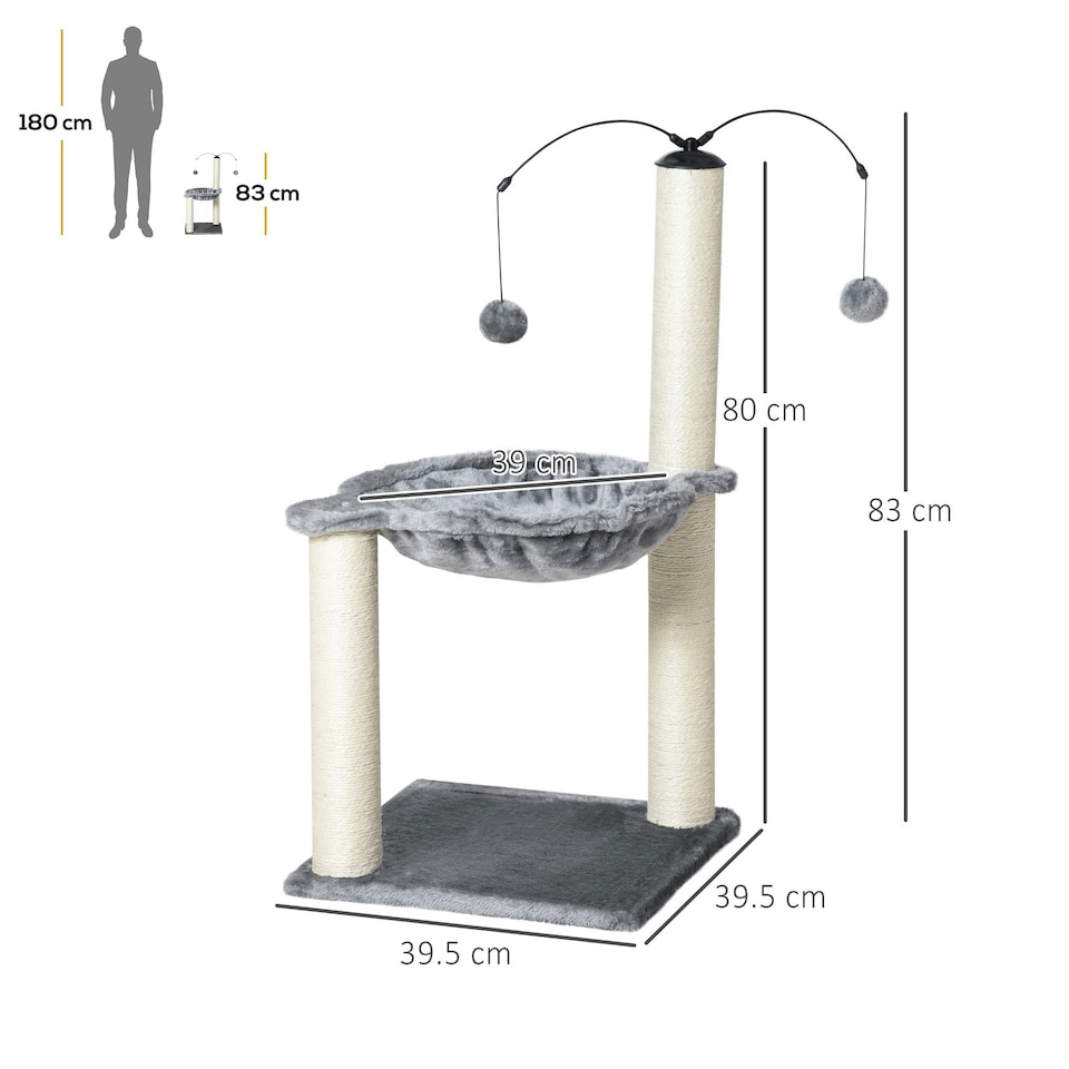 image 1 of PawHut 83cm Cat Tree Tower with Sisal Scratching Post Hammock Toy Grey