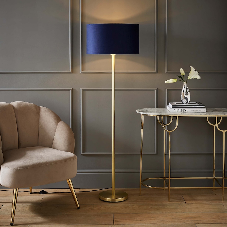 image 1 of ValueLights Charlie Gold Floor Lamp Navy Velvet Gold Inner Shade | Blue