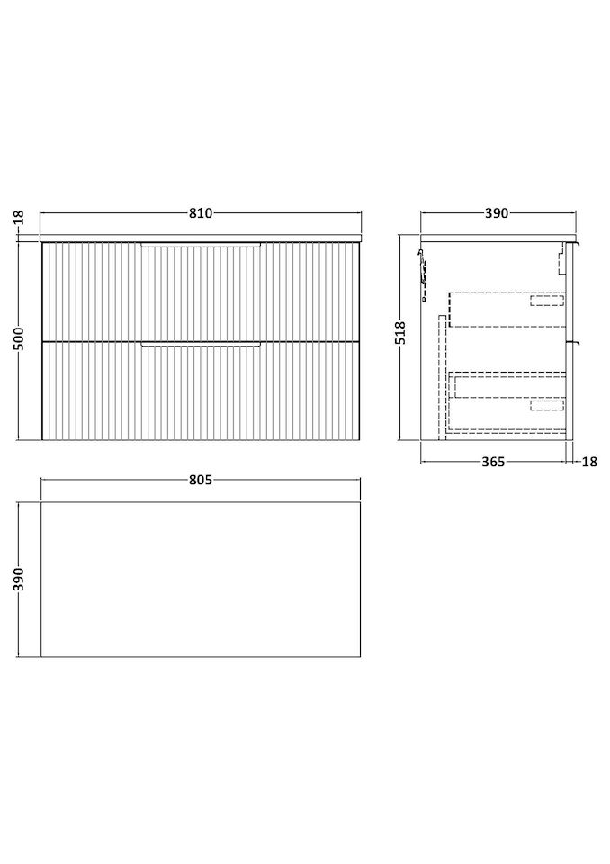 image 1 of Balterley Tixall Fluted 2 Drawer Wall Hung Vanity Unit with Worktop, Satin White, 800mm