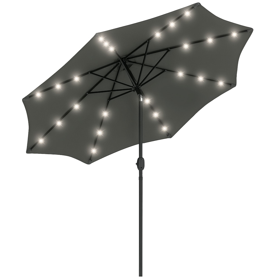 image 1 of Outsunny 2.7m Patio Garden Umbrella Outdoor Parasol Outdoor Market Table Umbrella with Tilt Crank and 24 LEDs Lights Grey