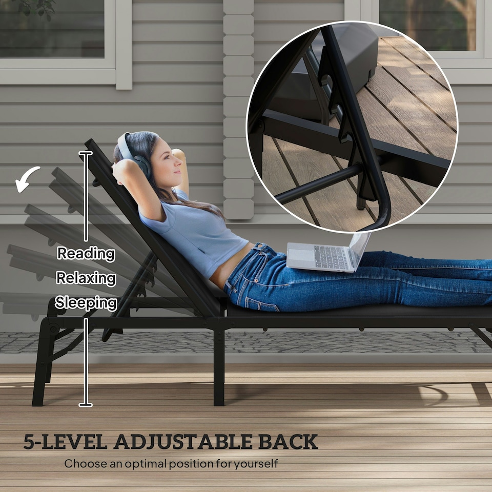 image 1 of Outsunny Folding Sun Lounger Set of 2, 5-Position Reclining Sun Bed Black | Black