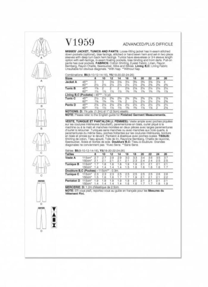 image 1 of Vogue 1959 Paper Sewing Pattern – Women’s Jackets, Tops, Tunics & Trousers, Size B5 (8–10–12–14–16), Advanced