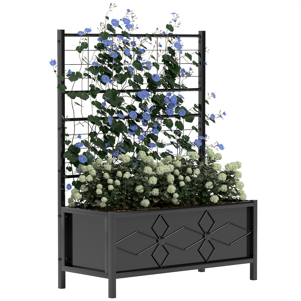 image 1 of Outsunny Metal Raised Garden Bed Planter Box with Trellis, 90 x 40 x 120 cm | Black | Black