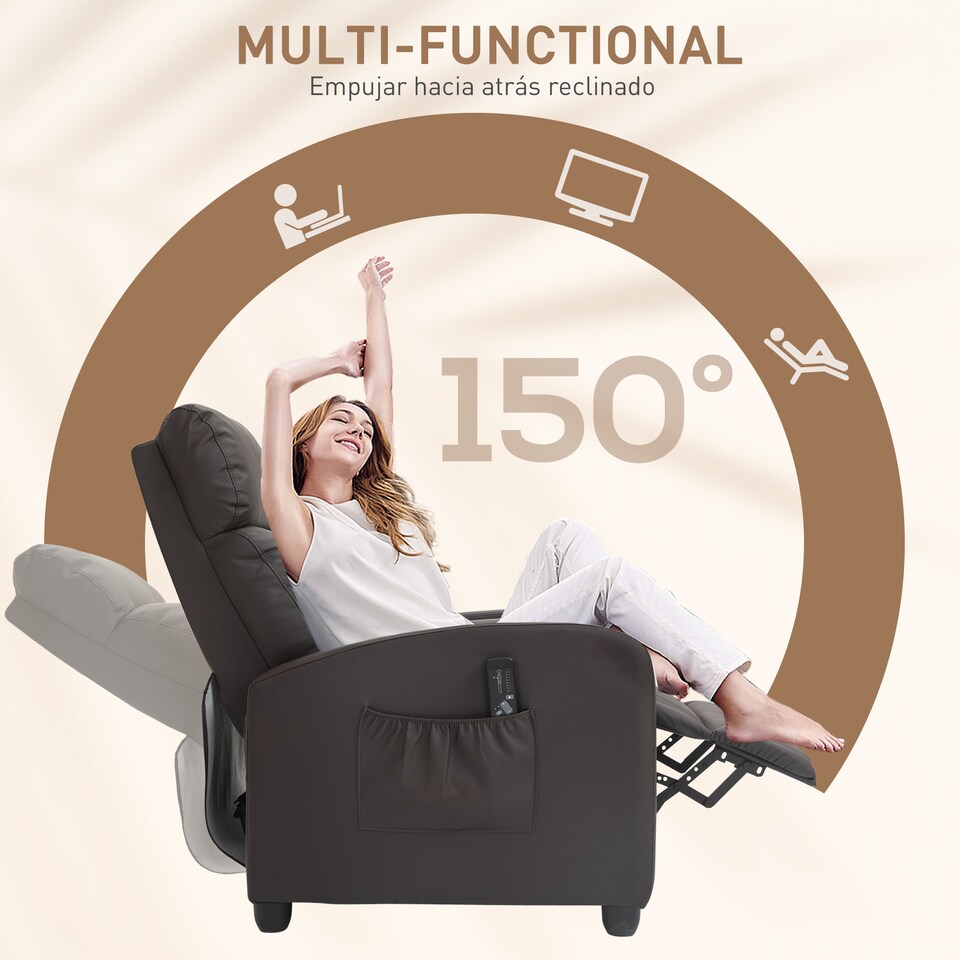 image 1 of HOMCOM Recliner Armchair, Massage Faux Leather Push Back Reclining Chair with Adjustable Leg Rest, Side Pocket, for Home Living Room Theatre, Brown