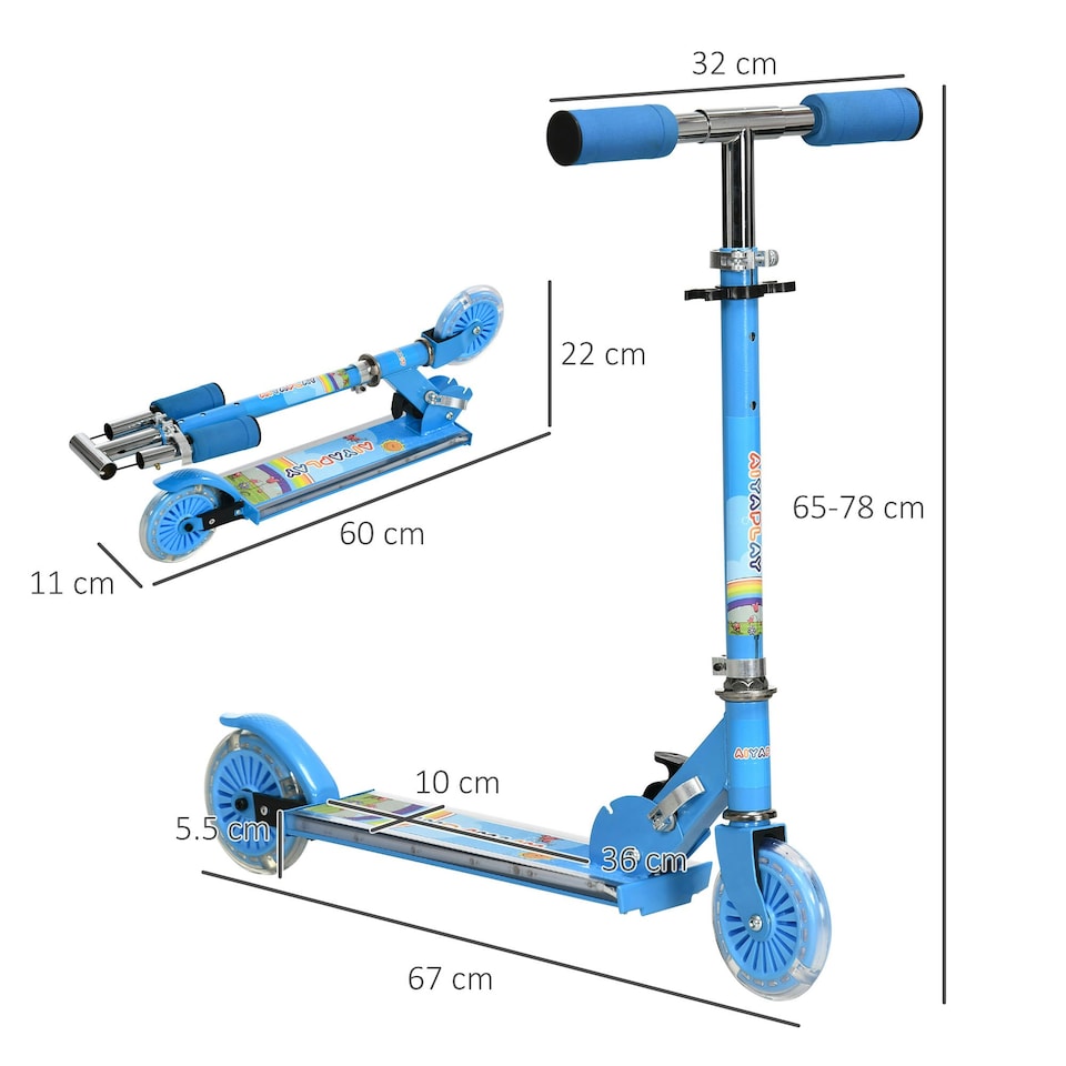 image 1 of HOMCOM Kids Scooter 2 Wheels W/ Lights Music Adjustable Height Foldable - Blue