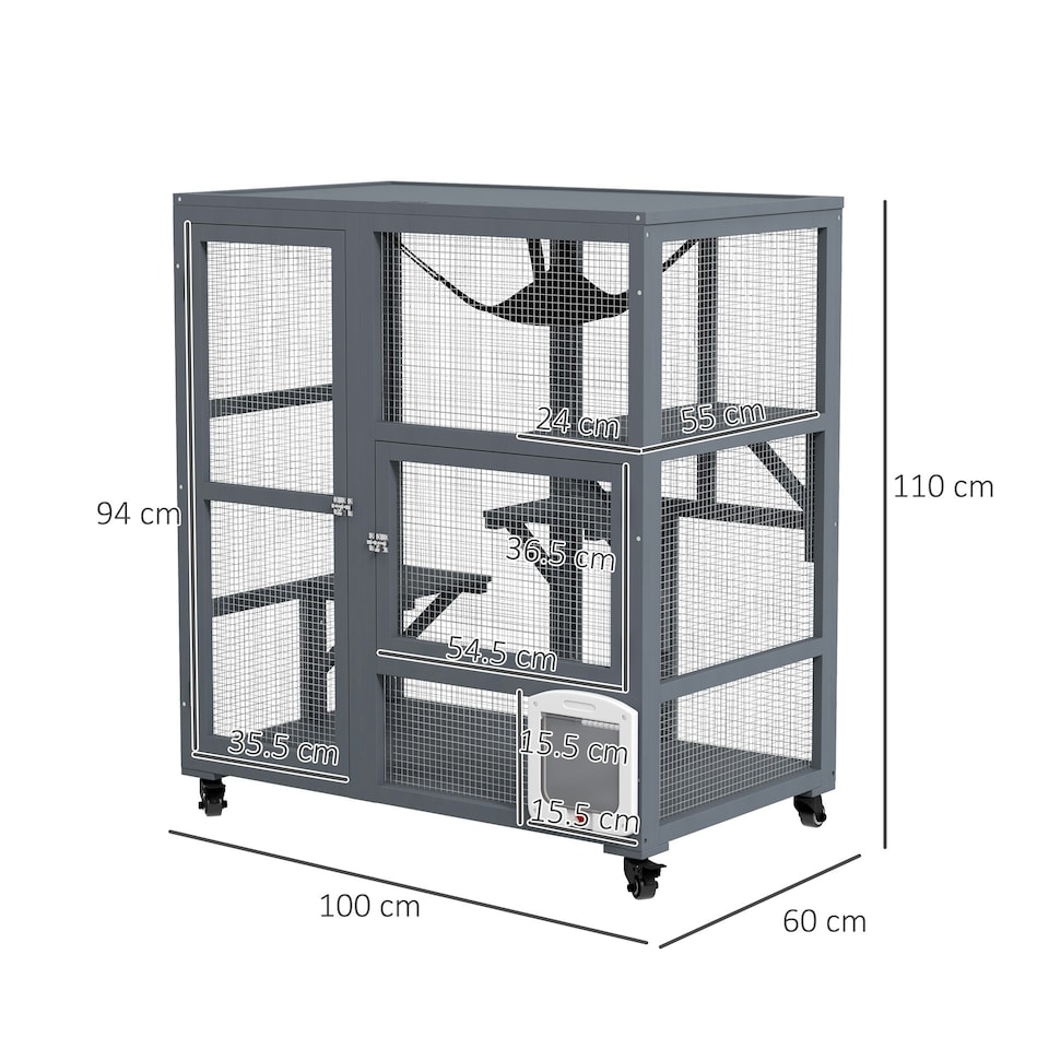 image 1 of PawHut Indoor Catio Cat House on Wheels with Platforms, Hammock