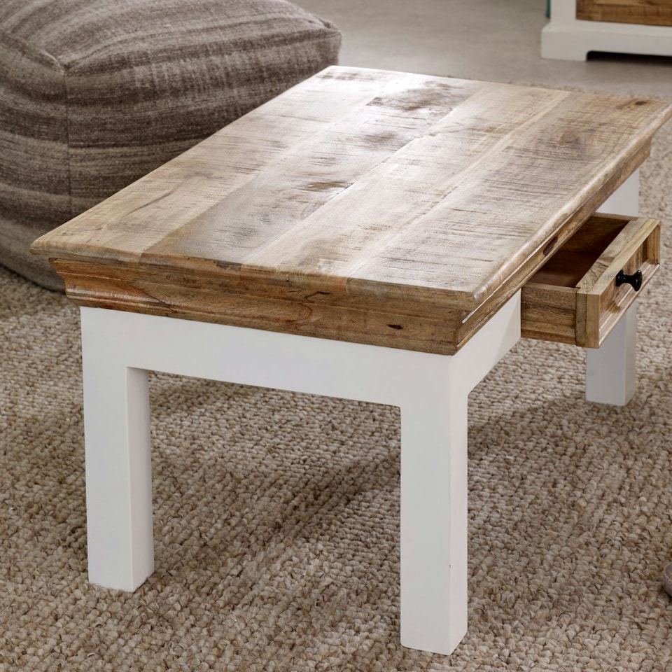 image 1 of Milano Solid Mango Wood White Coffee Table With Drawer White
