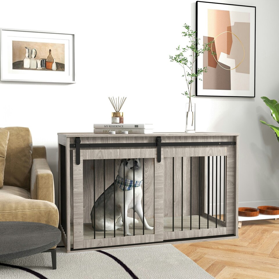 image 1 of PawHut Dog Crate Furniture with Removable Cushion - Walnut Brown