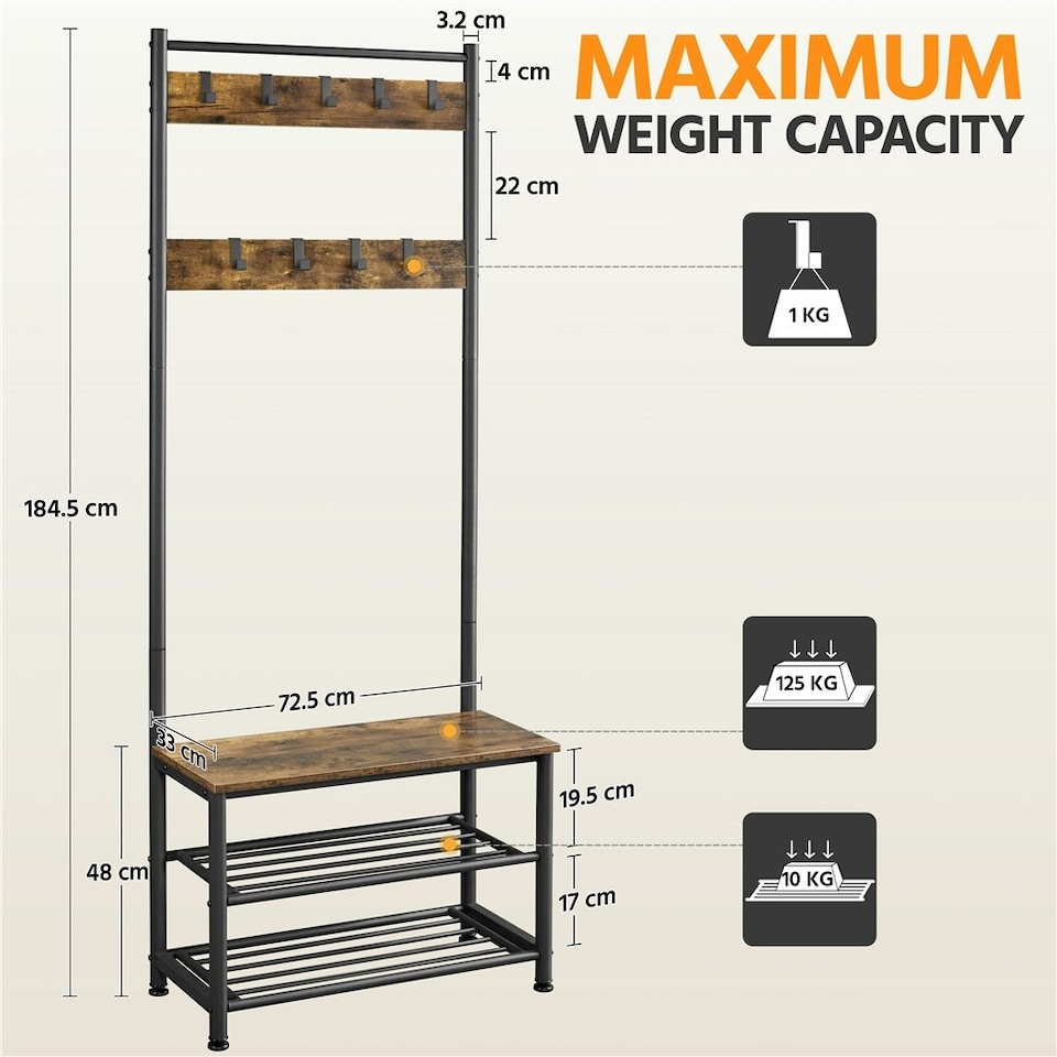 image 1 of Yaheetech Metal Hall Tree with Shoe Storage Bench | Cream | Rustic Brown | One Size