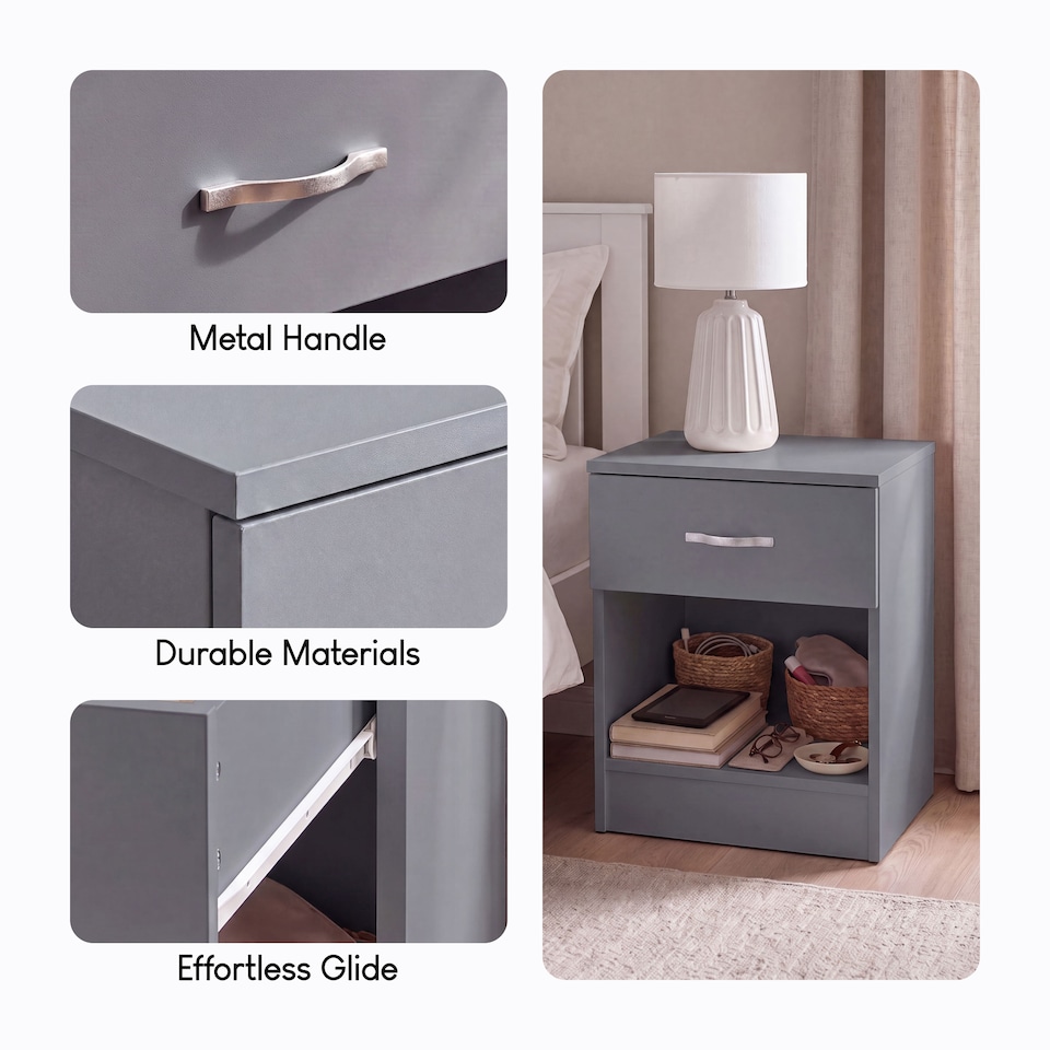image 1 of Vida Designs Riano 1 Drawer Bedside Chest Cabinet Table Nightstand, Grey