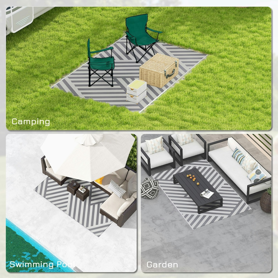 image 1 of Outsunny Reversible Waterproof Outdoor Rug W/ Carry Bag, 182 x 274cm Grey | Grey and Cream