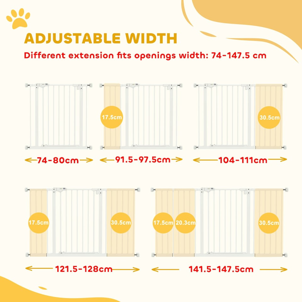 image 1 of PawHut Adjustable Safety Gate w/ 3 Extensions and Four Adjustable Screws, White