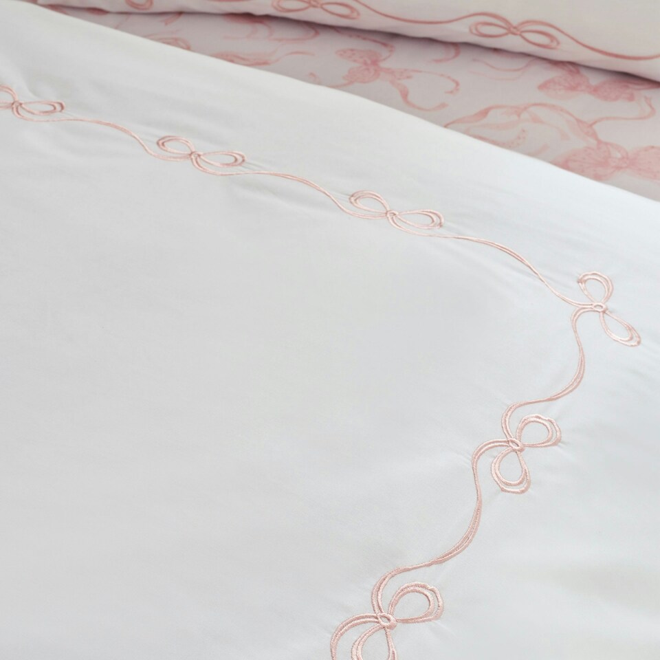 image 1 of Catherine Lansfield Bow Embroidery Duvet Cover Set White / Pink Pink | White / Pink | Double