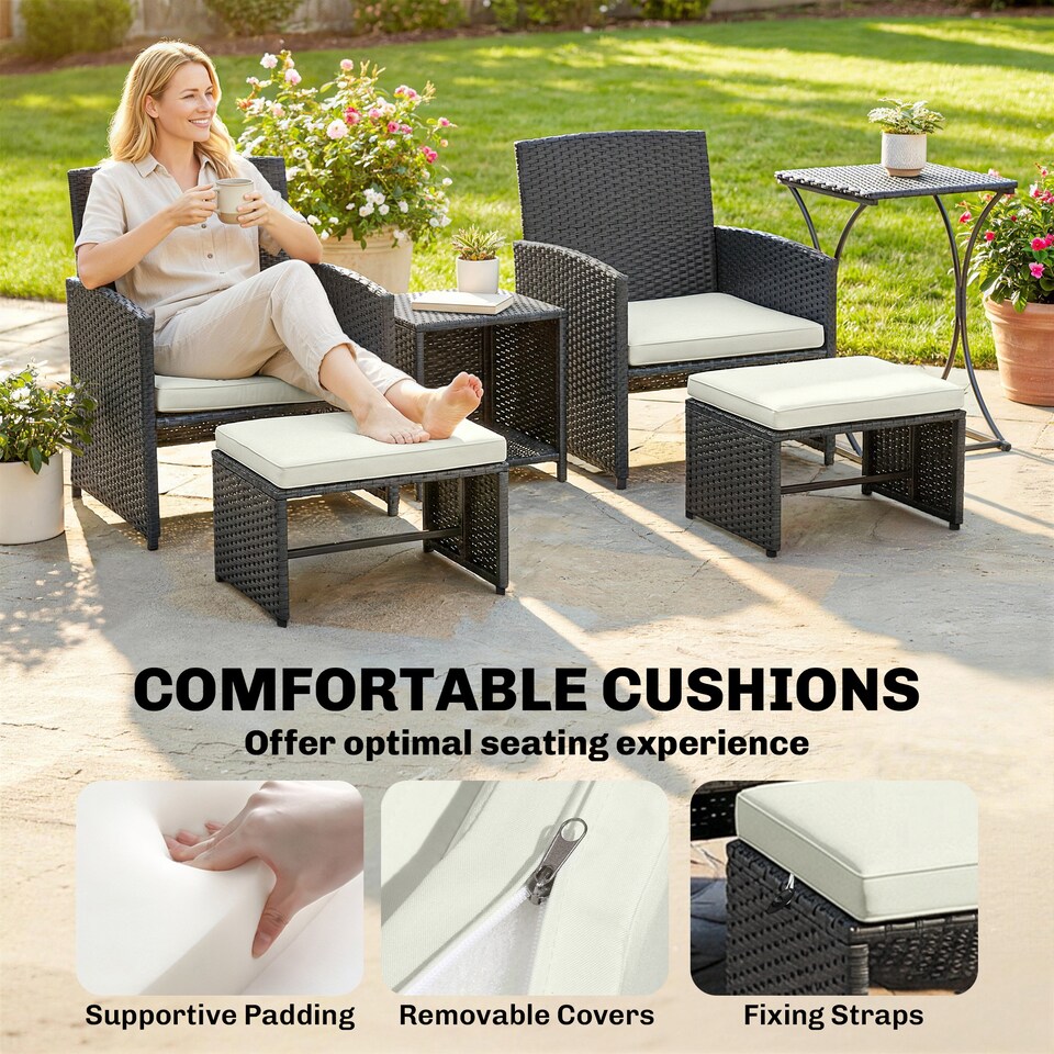 image 1 of Outsunny 6 Piece Rattan Garden Furniture Set with Nesting Tables, Black | Black | Black with cream white cushions | Not provided