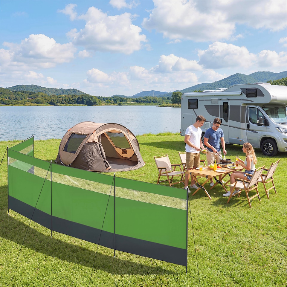 image 1 of Outsunny Camping Windbreaks with Clear Windows, 725 x 140cm | Green | Army Green | 725 x 140 cm