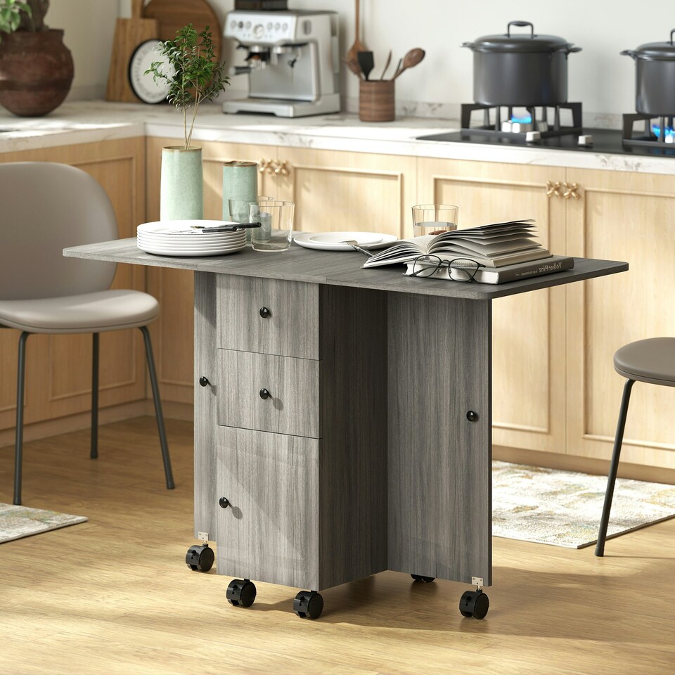 image 1 of HOMCOM Folding Dining Table, Drop Leaf Table With Storage Drawers Grey