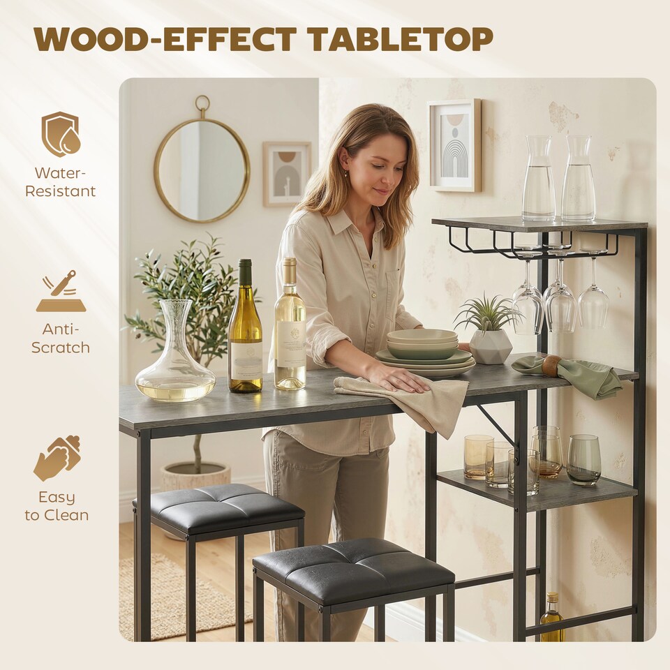 image 1 of HOMCOM 3Pcs Breakfast Bar Table and Stools Set 4-tier shelving | Black | Grey, Black | Table: 122W x 39.5D x 122.3H cm; Stool: 30.5W x 30.5D x 60H cm