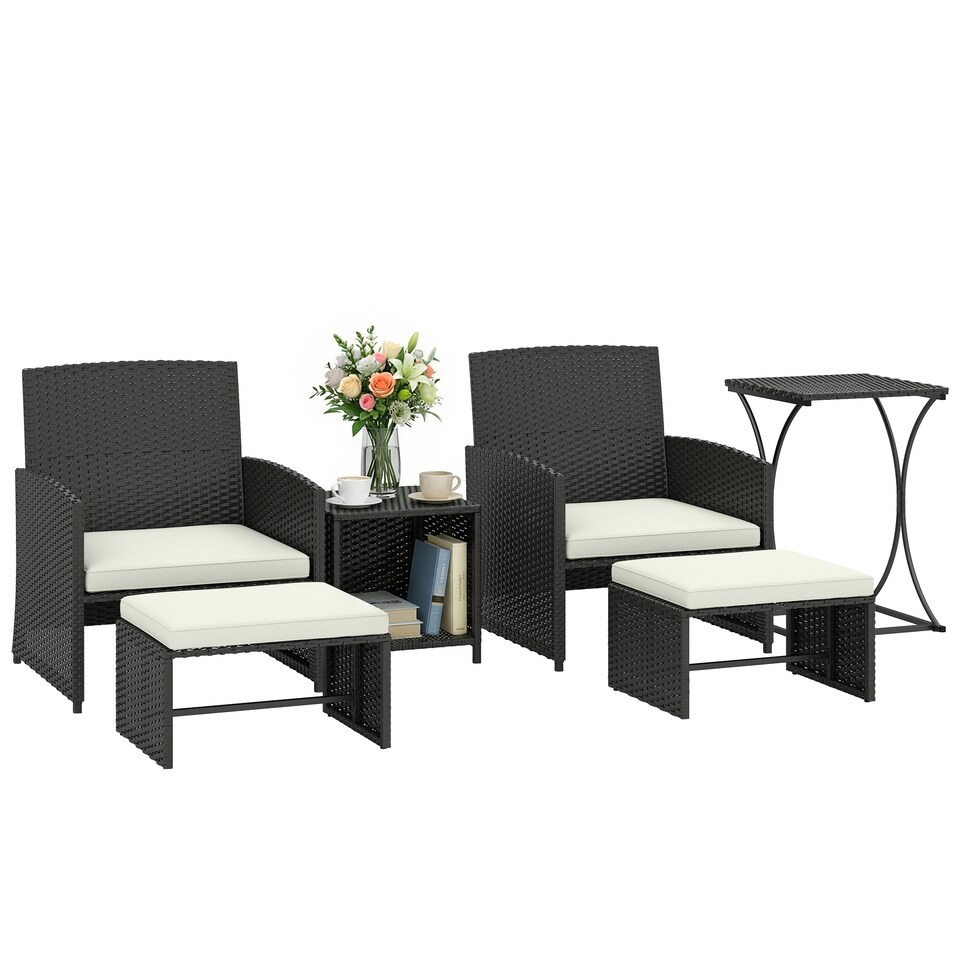 image 1 of Outsunny 6 Piece Rattan Garden Furniture Set with Nesting Tables, Black | Black | Black with cream white cushions | Not provided