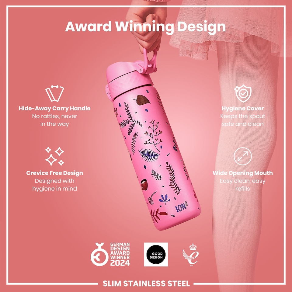 image 1 of Leak Proof Slim Water Bottle, Stainless Steel, 600ml (20oz) | Pink | Flamingo | One Size