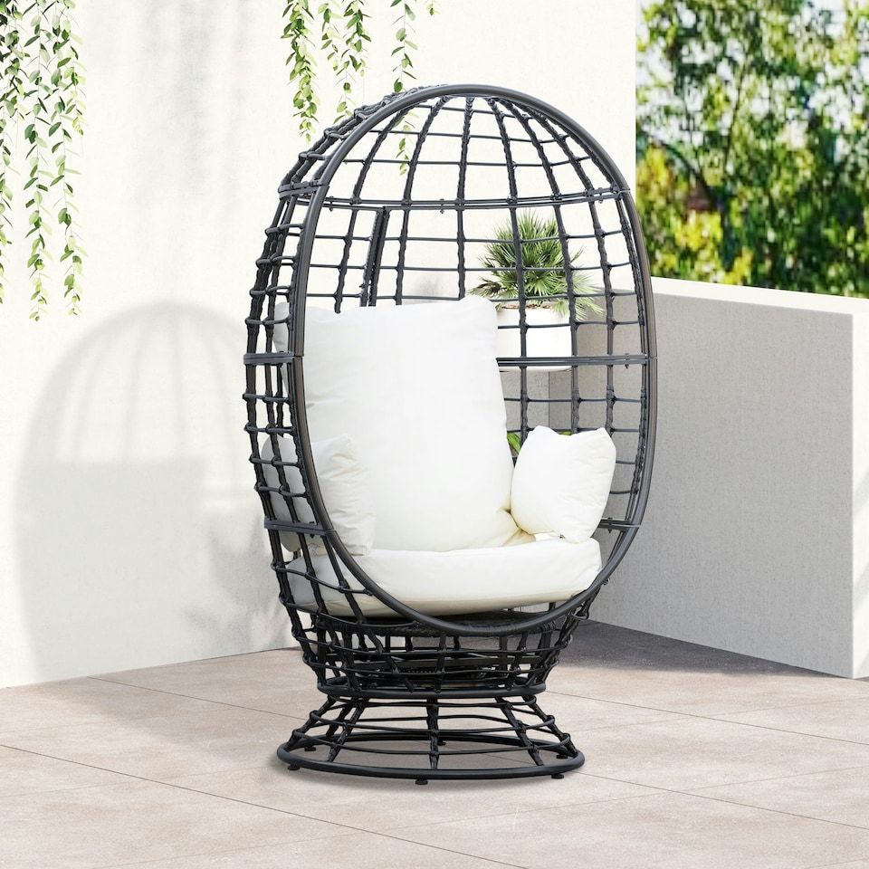 image 1 of Outsunny Swivel Egg Chair Rattan Outdoor Chair with Cushion for Patio Black