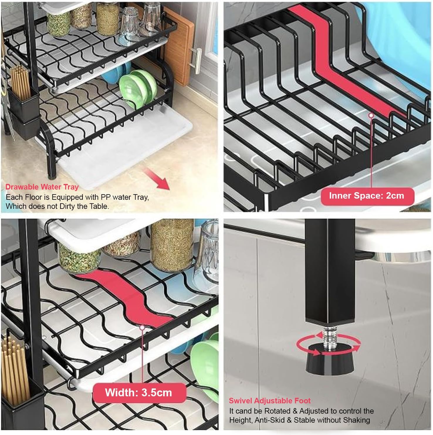 3 Tier Dish Drainer Rack with White Removable Drip Tray Large