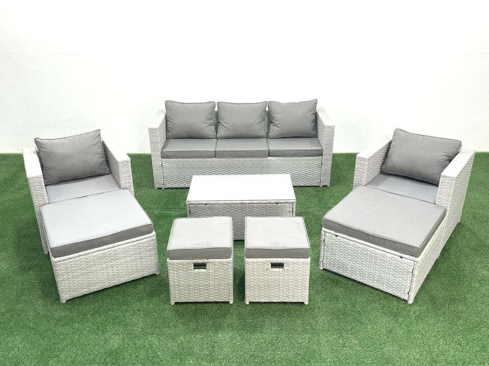 image 1 of Fimous 8 Pieces Rattan Garden Furniture Set Outdoor Garden Sofa Chair Coffee Table Set with 4 Footstools Light Grey Mixed