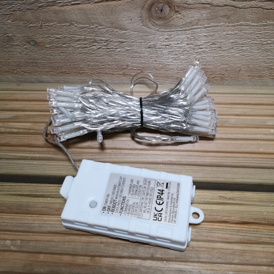 image 1 of 100 LED 10m Premier Christmas Outdoor Multi Function Battery Lights with Timer & Clear Cable in Warm White