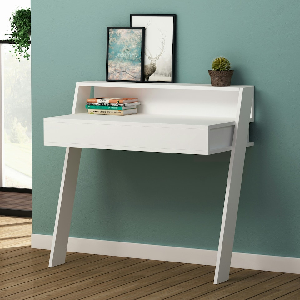 image 1 of Cowork Modern Desk White Wall Mounted With Drawer 94cm Wide White