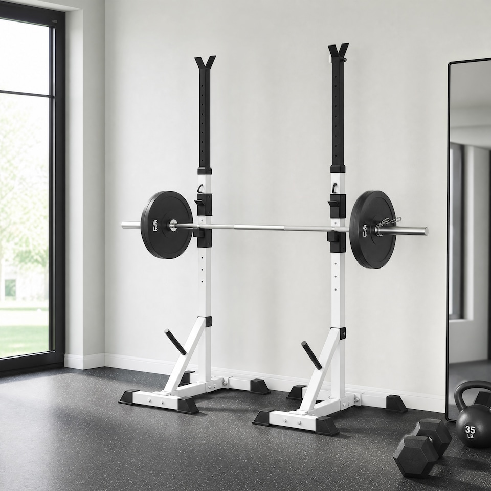 image 1 of HOMCOM Adjust Pair of Barbell Squat Racks Stand Weight Lifting Bench Press Gym