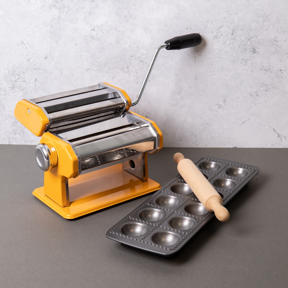 image 1 of 3pc Pasta Making Set with Yellow Stainless Steel Pasta Maker, Non-Stick Ravioli Mould and Rolling Pin