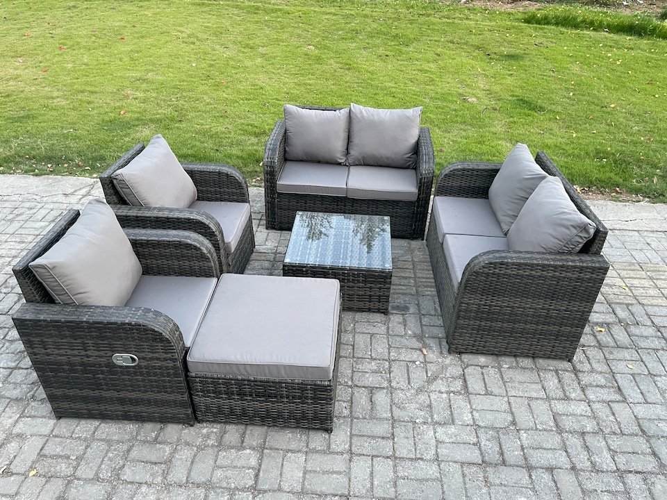 image 1 of Fimous 7 Seater Rattan Sofa Set Outdoor Garden Furniture Set with Square Coffee Table Loveseat Sofa Reclining Chairs Big Footstool Dark Grey Mixed