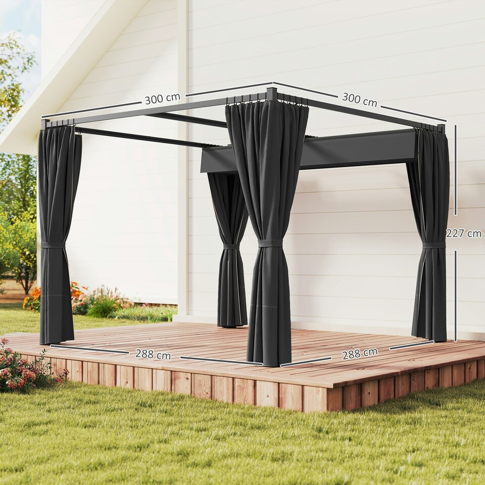 image 1 of Outsunny 3 x 3(m) Pergola with Retractable Roof and Curtains, Charcoal Grey