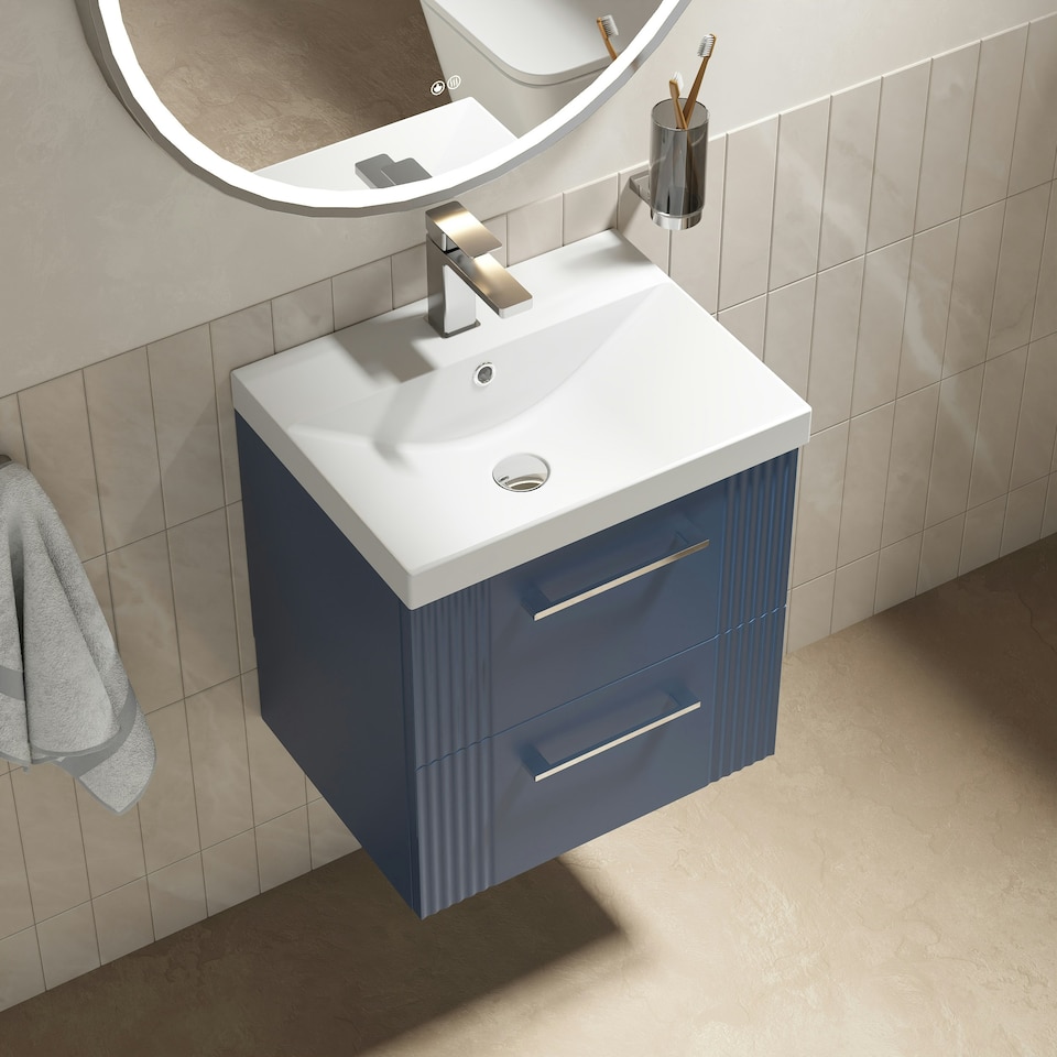 image 1 of Retro 2 Drawer Wall Hung Vanity Unit with Thin-Edge 1 Tap Hole Ceramic Basin - 500mm - Satin Blue - Balterley Blue