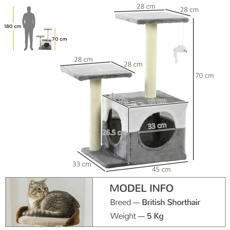 image 1 of PawHut Cat Tree Tower Kitten House Scratching Post with Mouse Toy Grey