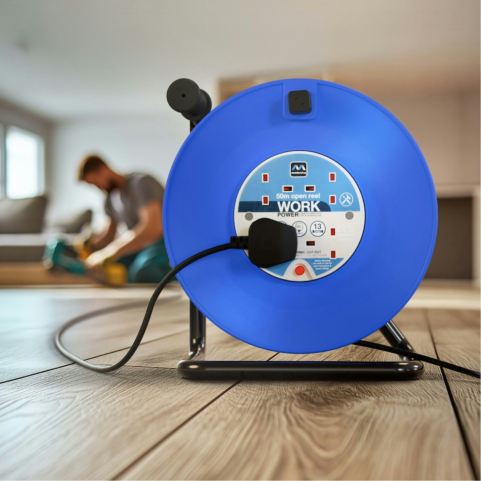 image 1 of Masterplug 50m 4 Socket 13A Heavy-Duty Open Cable Reel Thermal Cut-Out